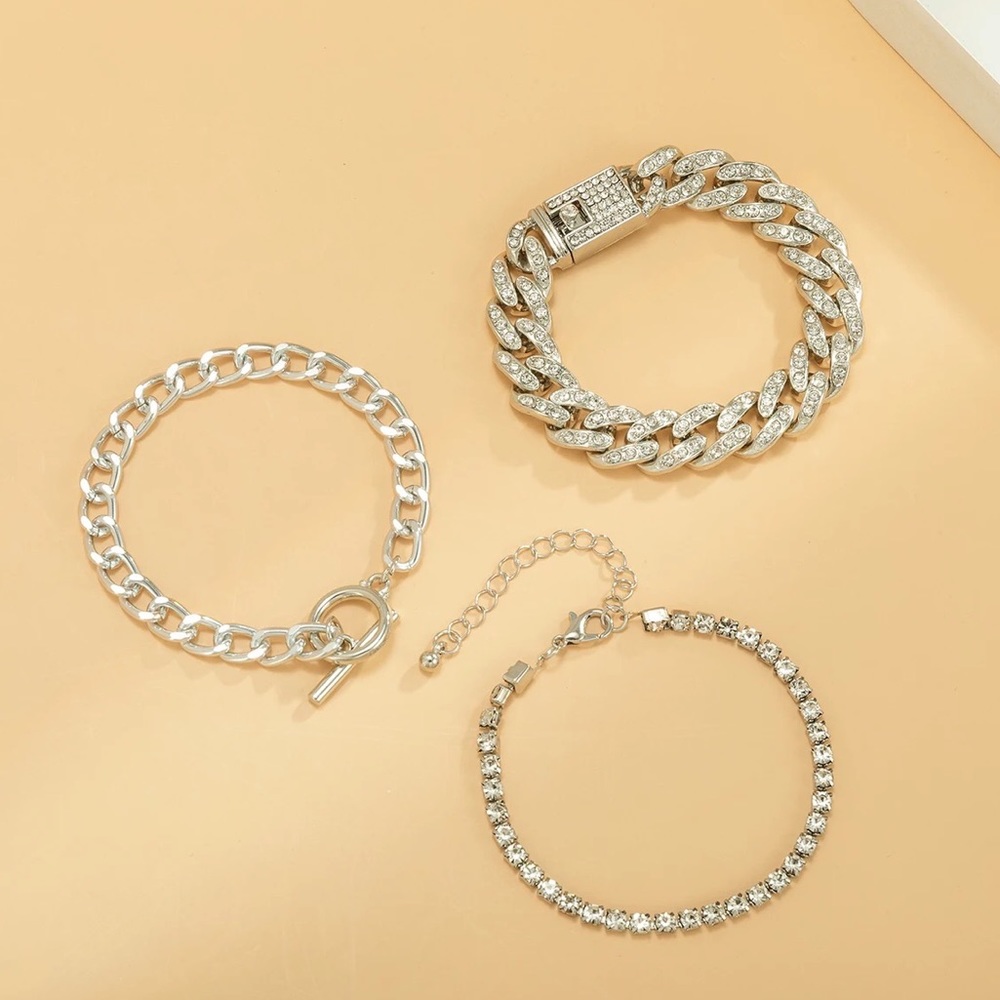 🆕 Silver Modern Rhinestone Chain Bracelet Set - Picture 3 of 4
